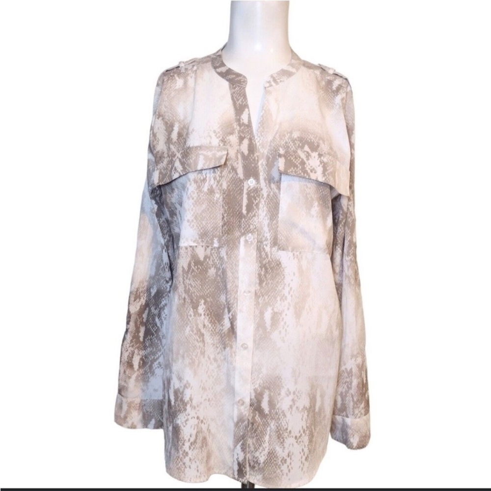 Calvin Klein Button Front Roll Tab Sleeve Shirt  Snake Print in Cream and Brown